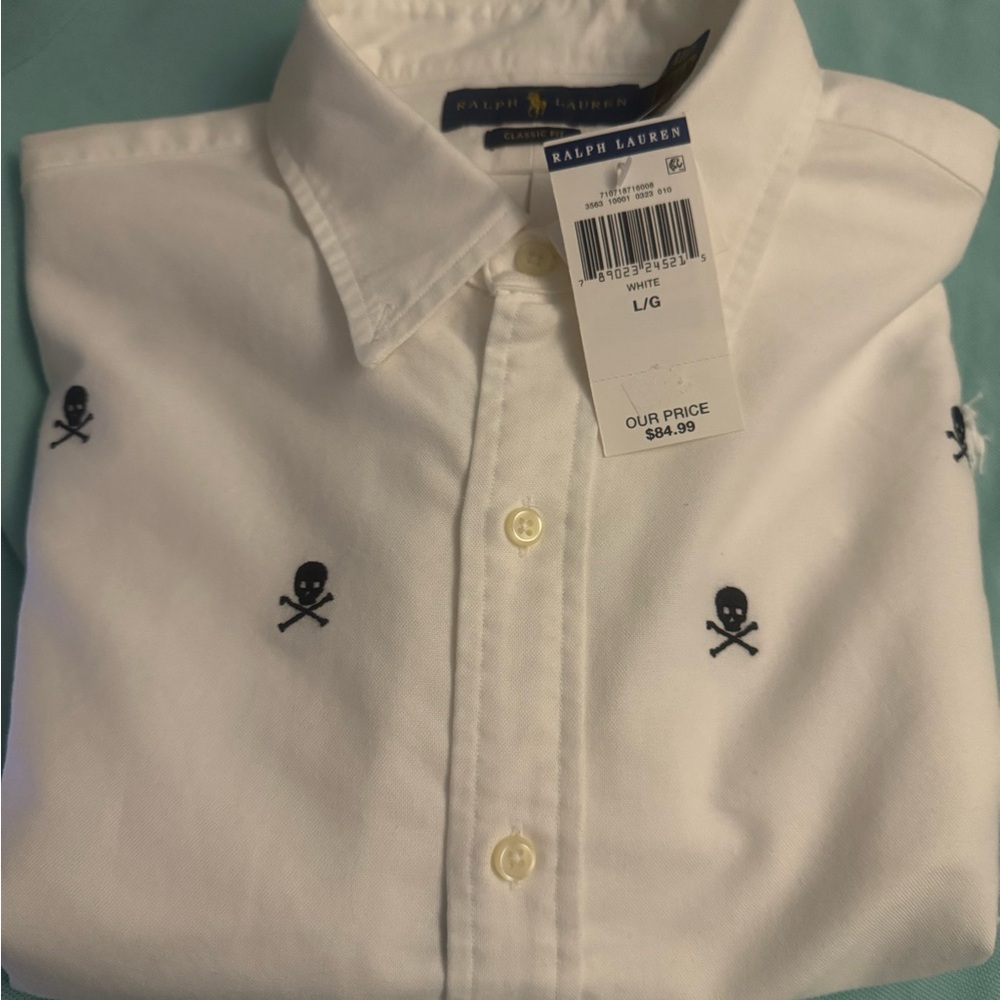 Polo by Ralph Lauren White Casual Button Down Shirt with Skull Embroidery